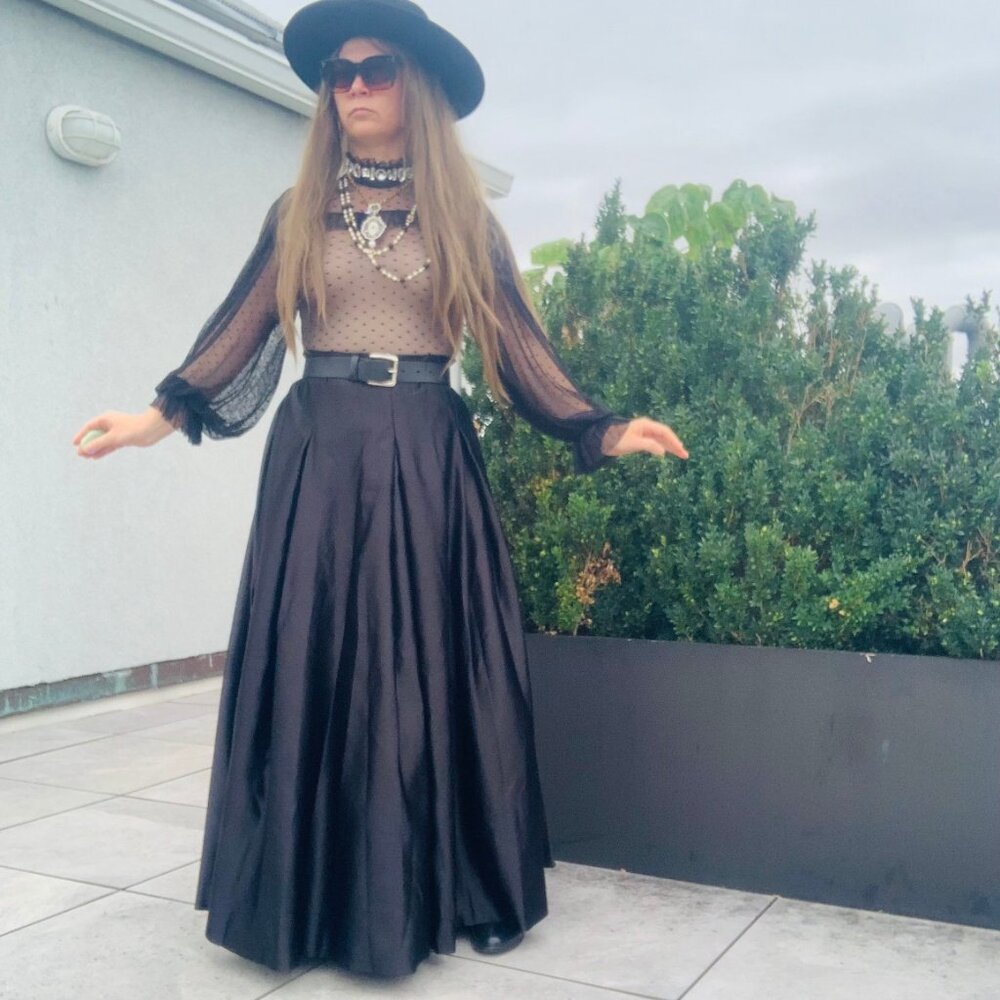 Anthro Full Satin Skater Drama Black Tie Dress Up Maxi Flare Skirt Pockets NWOT - Picture 4 of 16